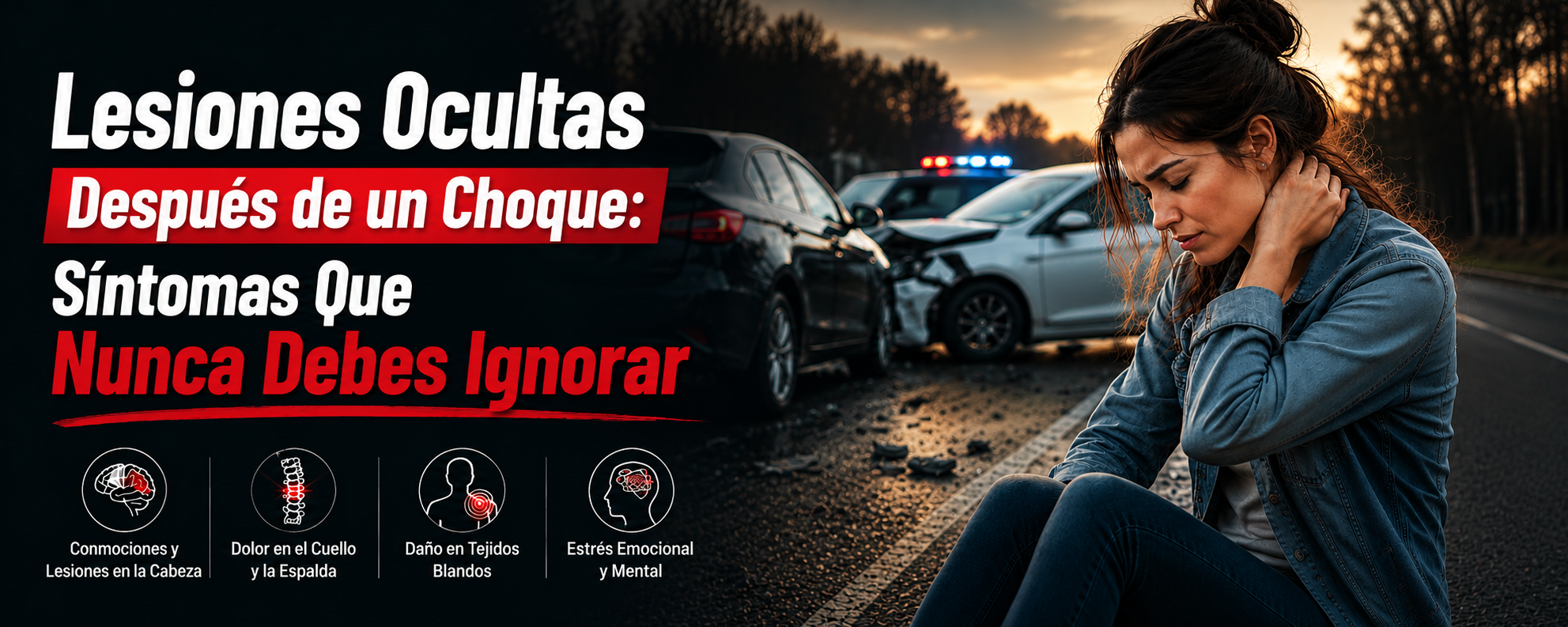 Lesiones Ocultas Después de un Choque: Síntomas Que Nunca Debes Ignorar – mujer con dolor de cuello tras un accidente automovilístico